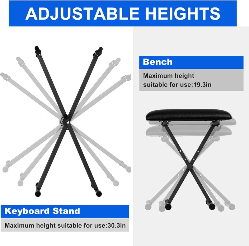 tipatyard Keyboard Stand & Bench Set, Upgrade Heavy Duty Double-X Keyboard Stand, Adjustable & Portable Digital Piano Stand with Limit Rod - Image 4